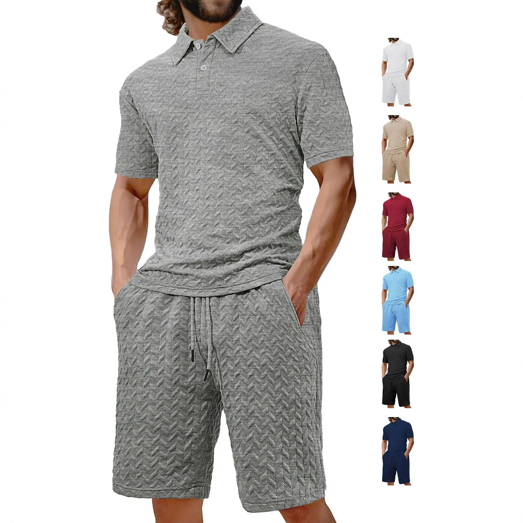 

Men's Summer New Casual Loose Turn-Down Collar Jacquard Fabric Men's Short Sleeve Polo Shirt Set