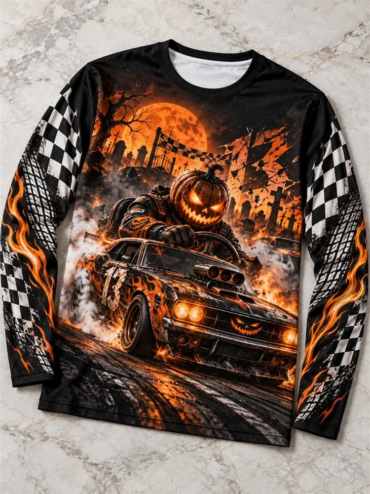 Men's Halloween Pumpkin Racer Long Sleeve T-Shirt Muscle Car Fire Checkered Flag Graveyard Graphic Tee Pullover Tops Gift