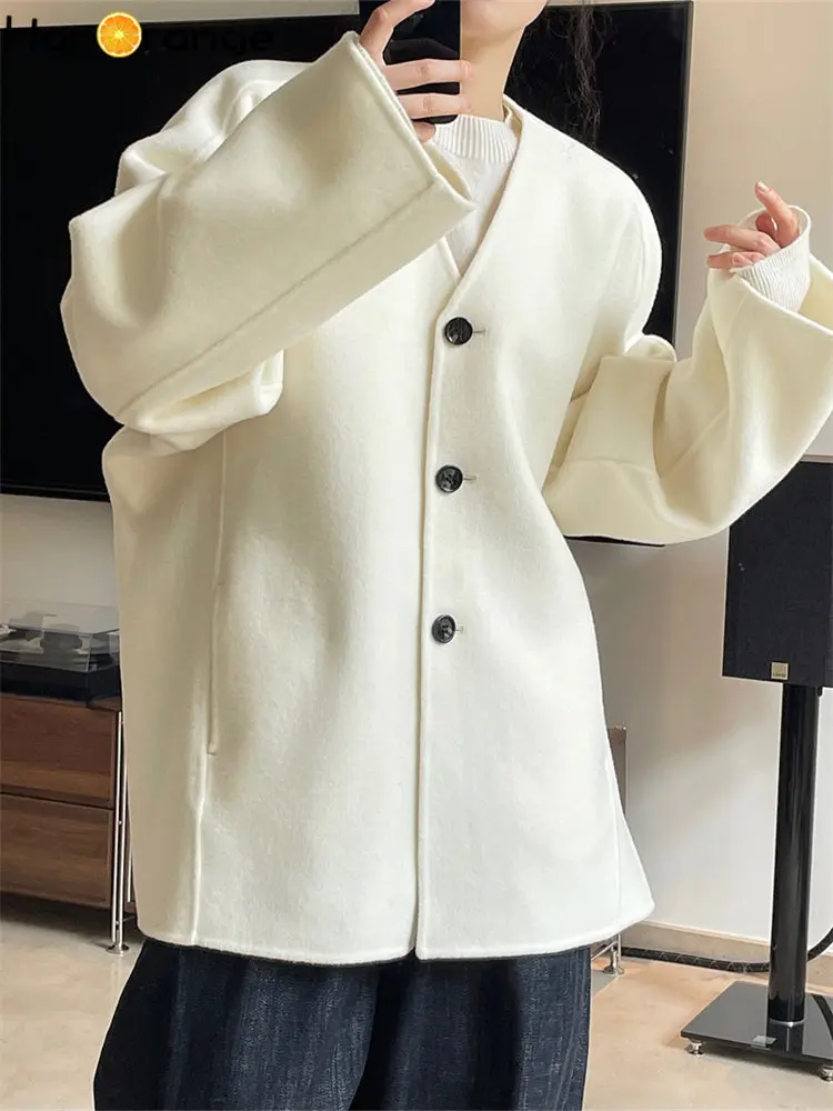 HanOrange 2024 Winter Silhouette Double Sided Lontg Wool Coat Women V-neck Woolen Outwear Female White/Olive Green Normcore