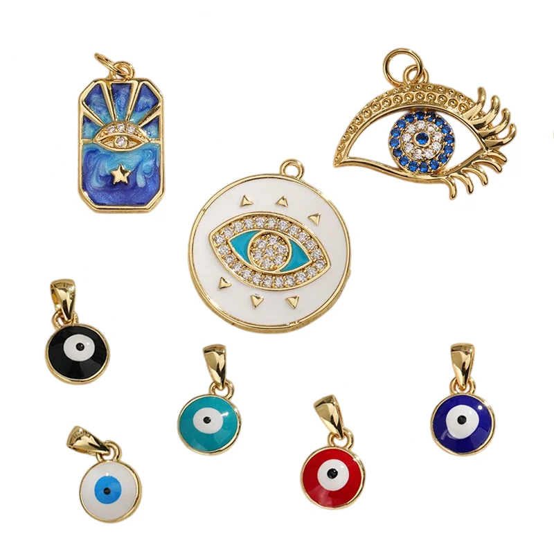 3 Pcs Devil Eye Enamel Pendant for Diy Bracelet Necklace Jewelry Making Round Rectangle Copper Plated Zircon Hollow Accessories
