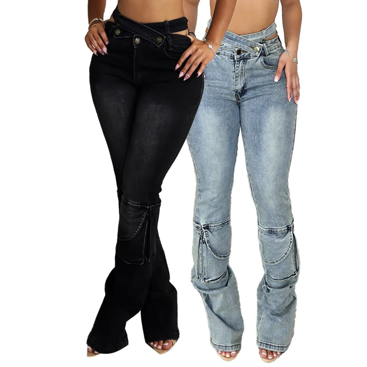 

2026 Denim Women Jeans Solid Cargo Trousers Full Lenth High Double Waist Zipper Skinny Slim Y2k Streetwear Casual Spring Autumn