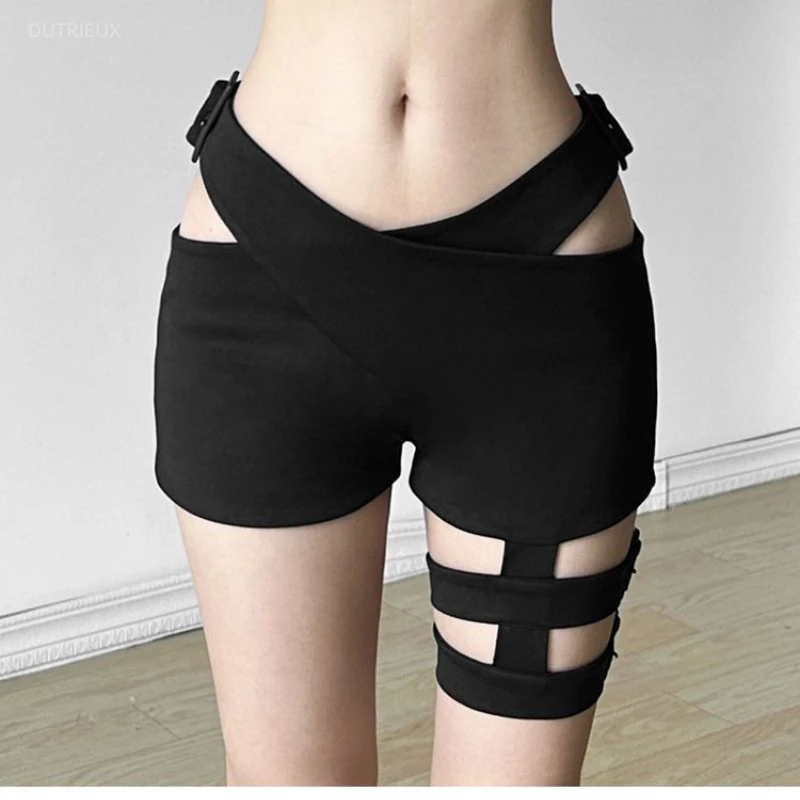 Personality Cool Punk Cross Hollow Out Shorts Y2k High Street Punk Women All Match Short Pant Harajuku Solid Bottom Clothes