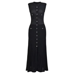 Spring And Summer New Fashion Thin Cut Hollow Lace Silver S Button Slim Fit Round Neck Sleeveless Temperament Women's Dress