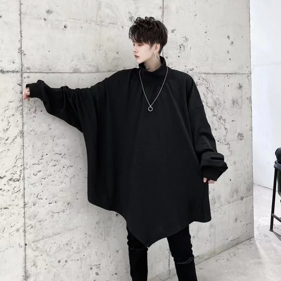 ARENS Men's Sweater Autumn 2023 Dark Bat Sleeve Rib Mock Neck Pointed Hem Loose Pullover Tops Male Korean Long Sleeve Sweaters