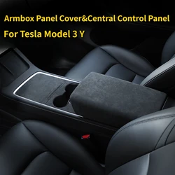Central Control Panel for Tesla Model 3 Y Alcantara Suede Armrest Box Panel Cover Cup Holder Decorative Stickers Car Accessories