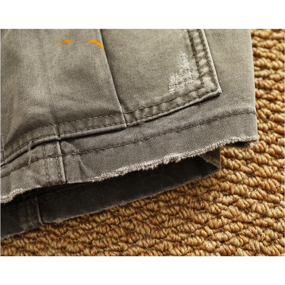 High-end woven work shorts for men, ink-wash, perforated, multi-pocket retro mid-length pants and capri pants
