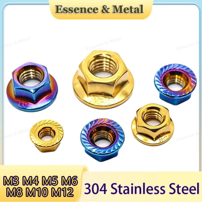 304 Stainless Steel Serrated Hex Flange Lock Nuts M3 M4 M5 M6 M8 M10M12 Colorful Lock Nuts for Motorcycle/Bicycle Modifications