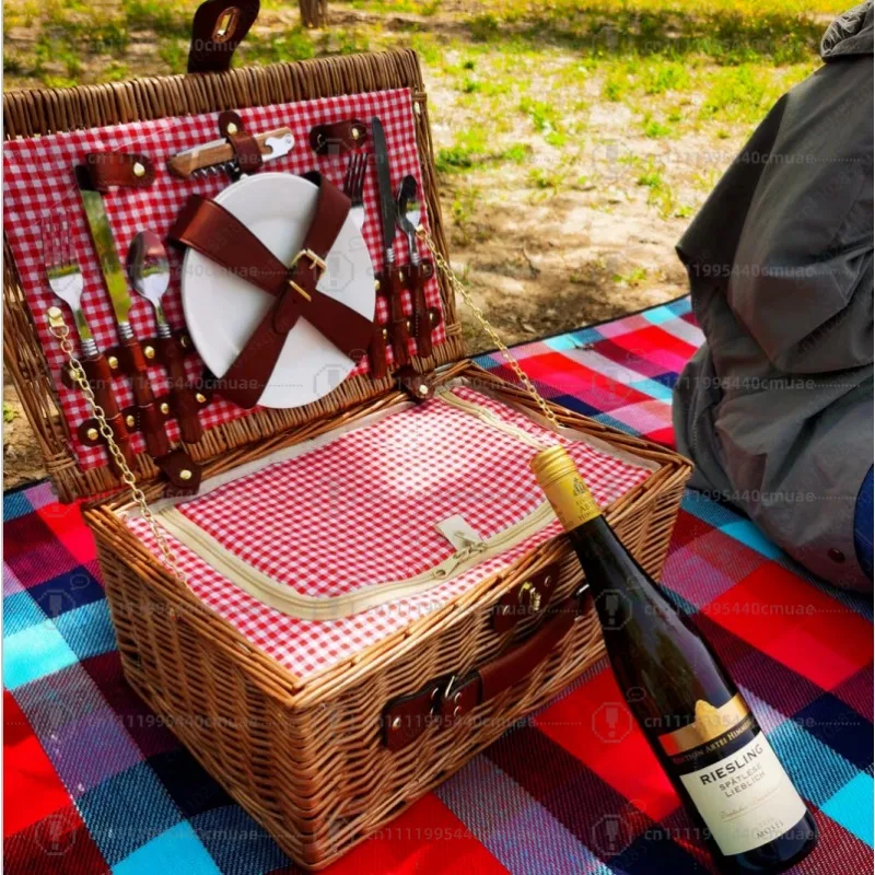 Rattan Wicker Outdoor Picnic Household Storage Fruit Steak Vegetable Basket With Cutlery