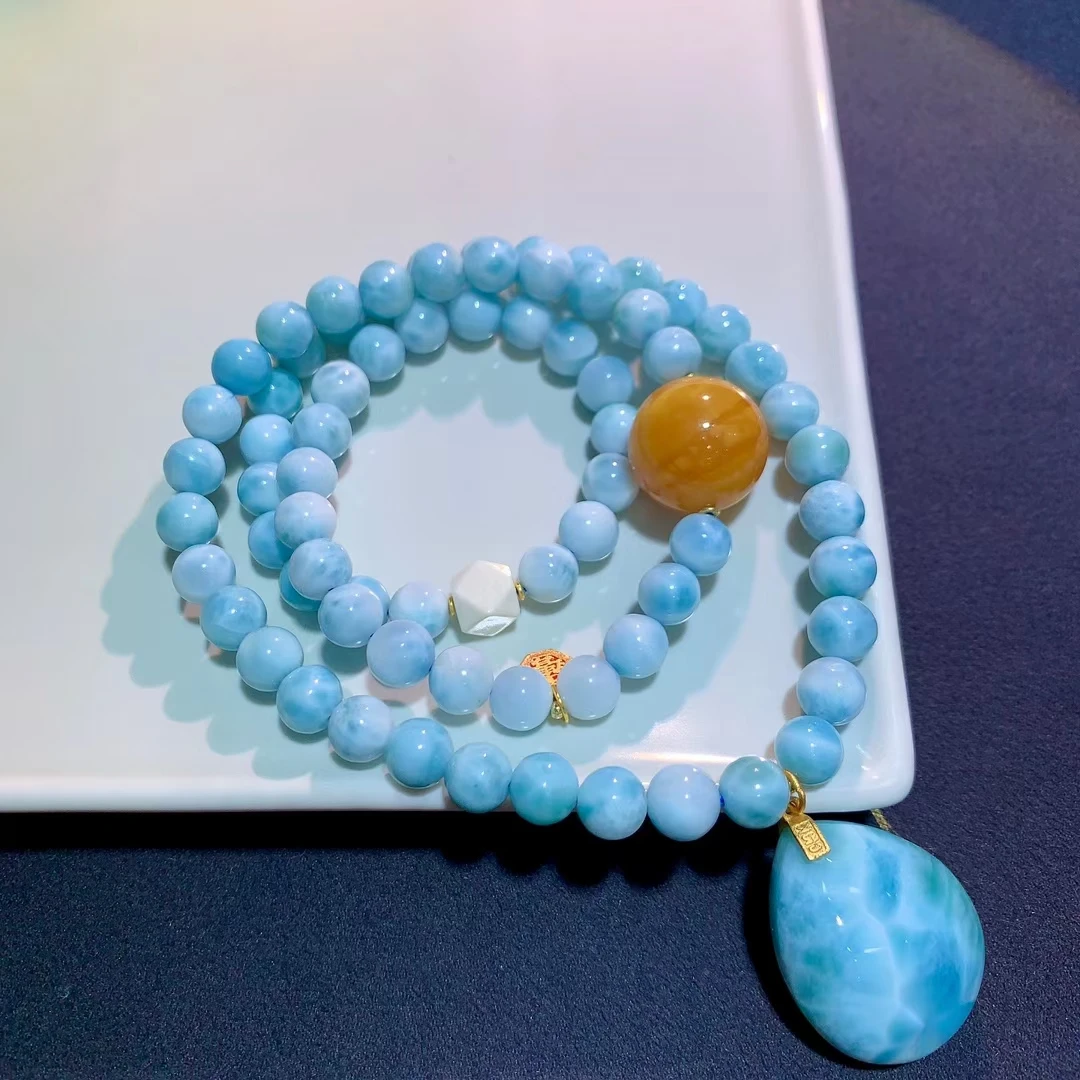 Natural Blue Larimar 3 Laps Round Beads Bracelet Pendant Blue Larimar Bracelet 7.7mm Woman Men Fashion Jewelry AAAAAA