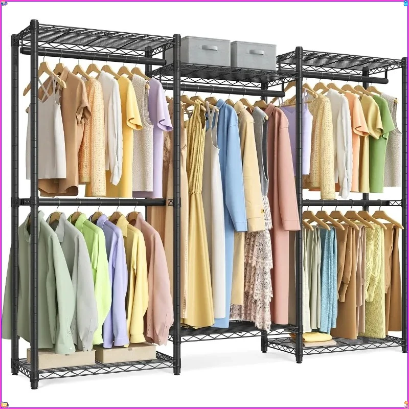 رف ملابس عالي التحمل بعرض 68.7 بوصة، أرفف شبكية قابلة للتعديل وقضبان تعليق، أسود