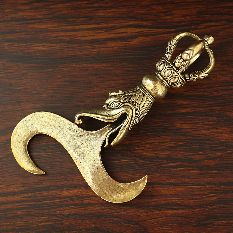 Tibetan- five-pronged Vajra with Dragon Head, for Home Worship, Ethnic Style, Antique-look Axe, Demon-Subduing Staff