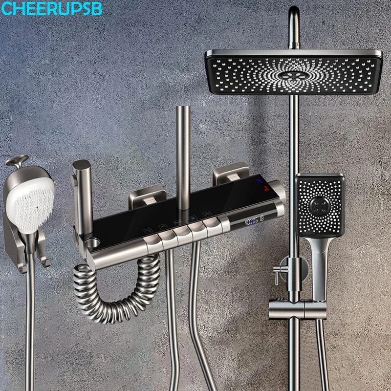 Gun Gray Shower Set Bathtub Wall Mount LED Digital Shower System Bathroom Hot Cold Thermostatic Mixer Luxury Shower Faucets Tap