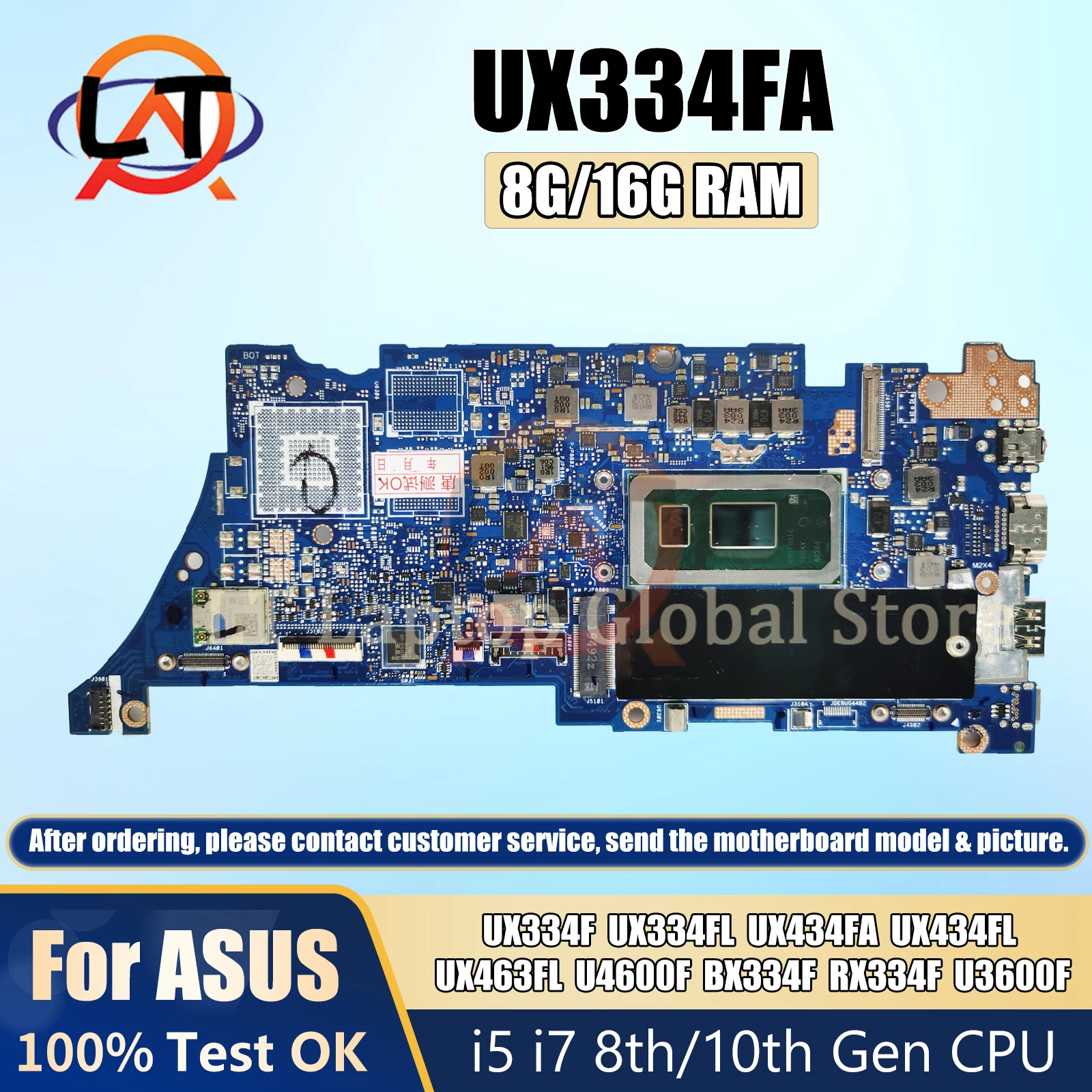 

UX334FA Mainboard For ASUS UX334FLC UX434FLC UX434FA UX334FL UX434FL laptop motherboard I3-I5-I7-8th/10th Gen 8G/16G RAM DDR4