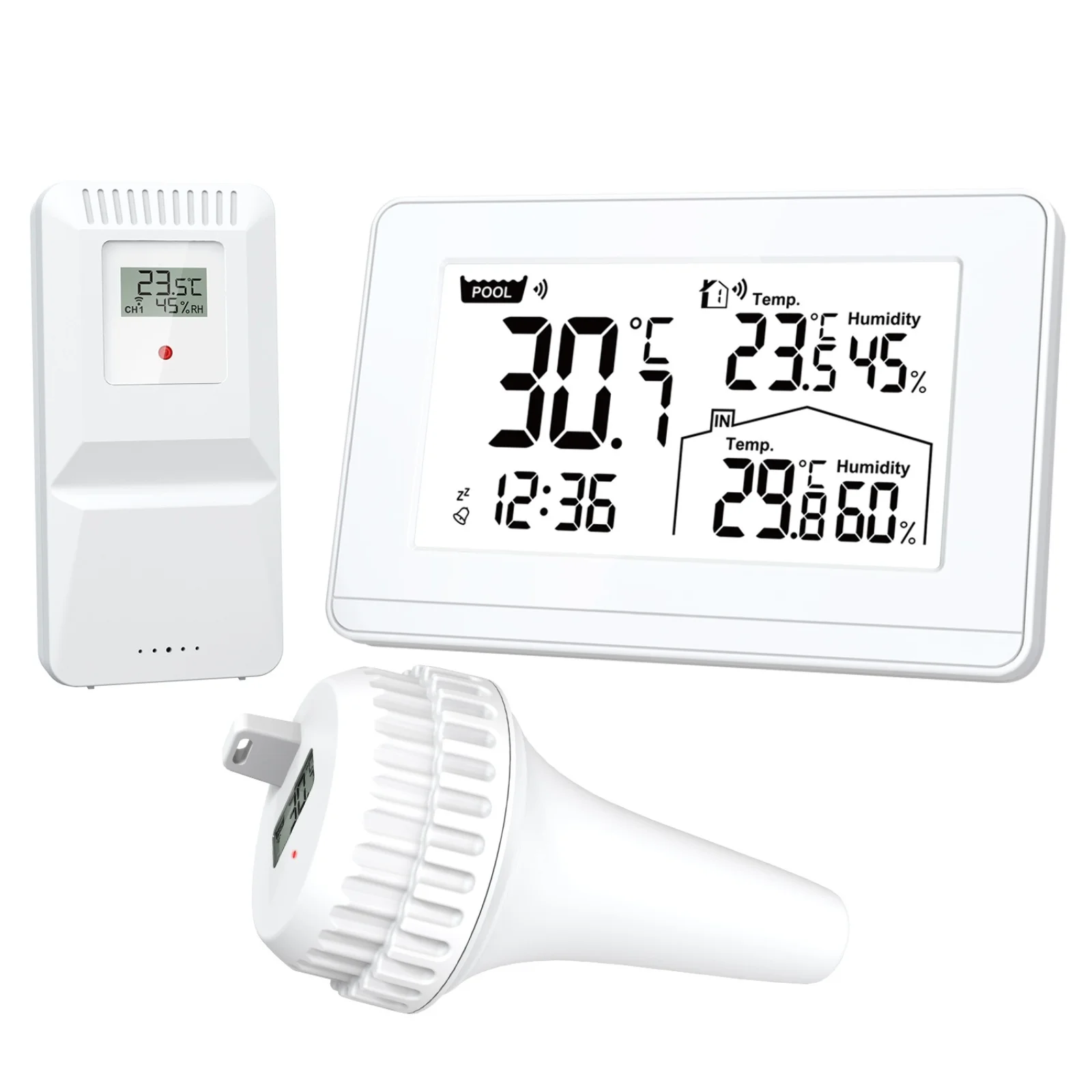 Digital Thermometer Hygrometer with Wireless Pool Sensor Backlit LCD Display Indoor Outdoor Humidity Monitor - Max Min