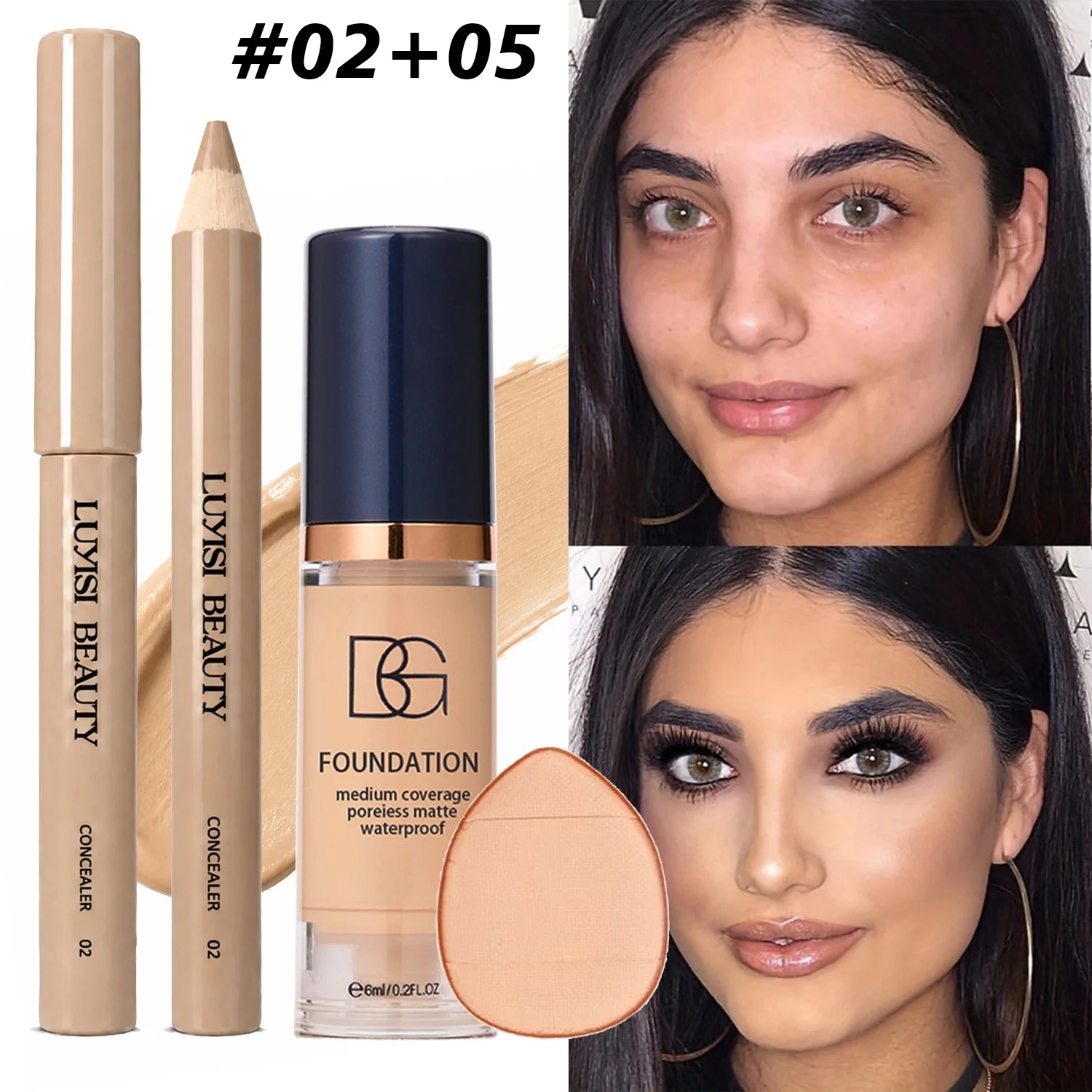 3pcs Facial Makeup Set:1PC Concealer Pen+1PC Liquid Foundation+1PC Puff,Flawless Base Makeup Kit,Waterproof Long-Lasting,Natural