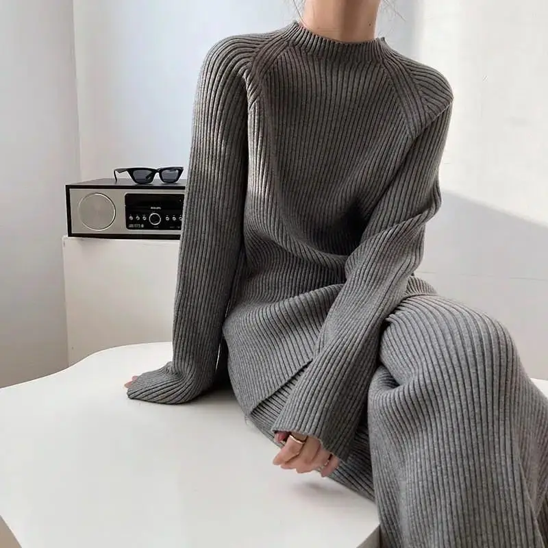 

Women's Knitted 2 Pieces Sets Autumn Winter Tracksuit Patchwork O-Neck Sweater and Loose Wide Leg Pants Pullover Suits R145