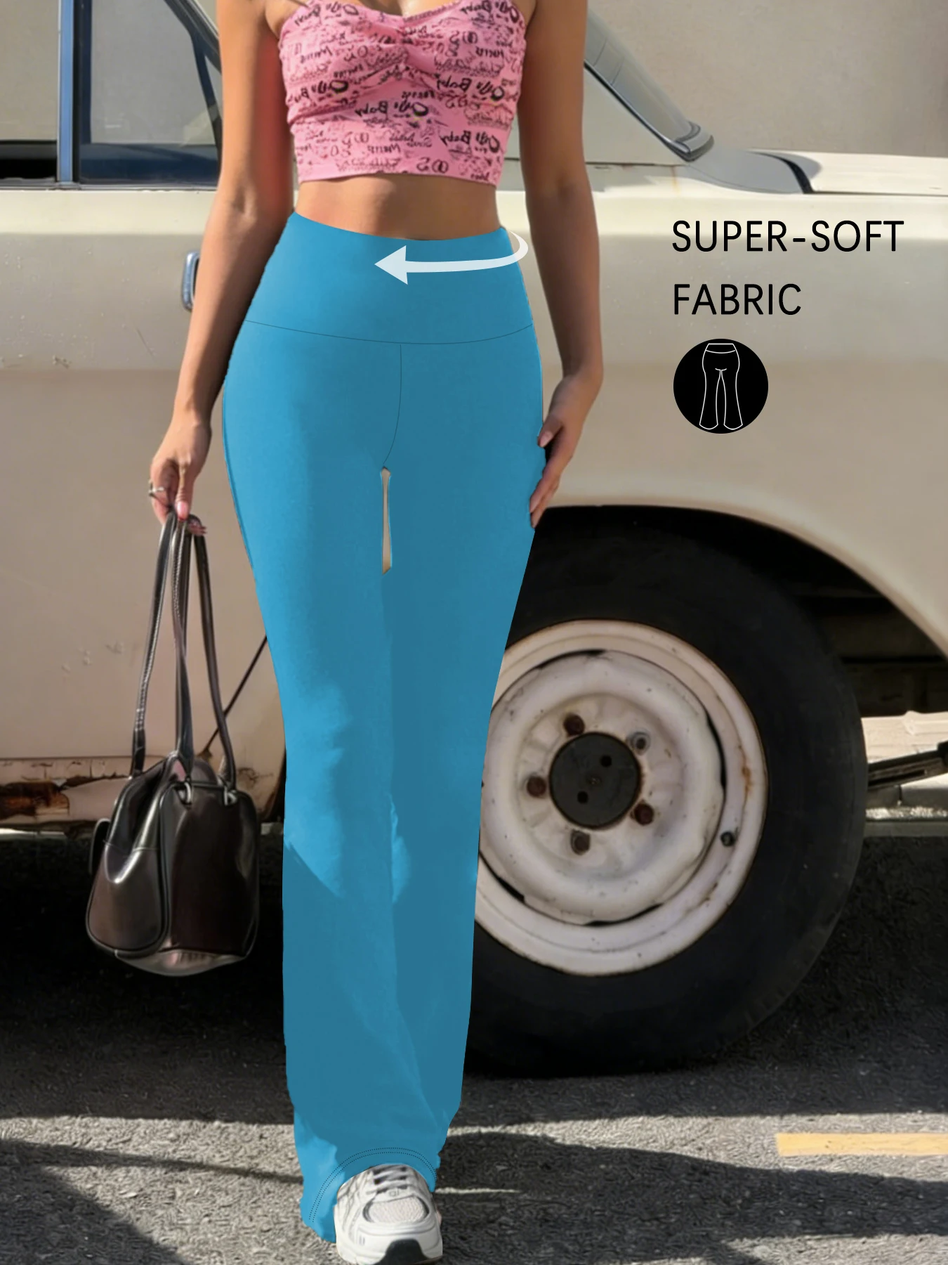 

Elegant women's high-waisted flared pants for yoga workout. Suitable for women leggings to use for leisure.