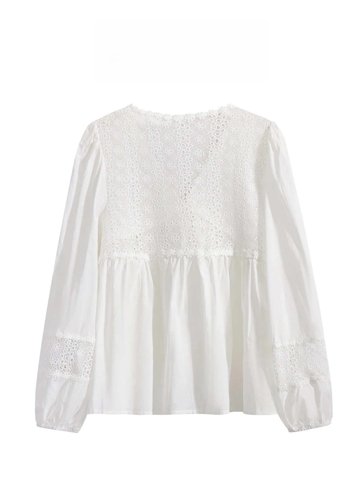 

Ele V-ne T irt with Lace Trim Long Sve White Women's Spring Design Korean Sle Commute Faion Straight Cut