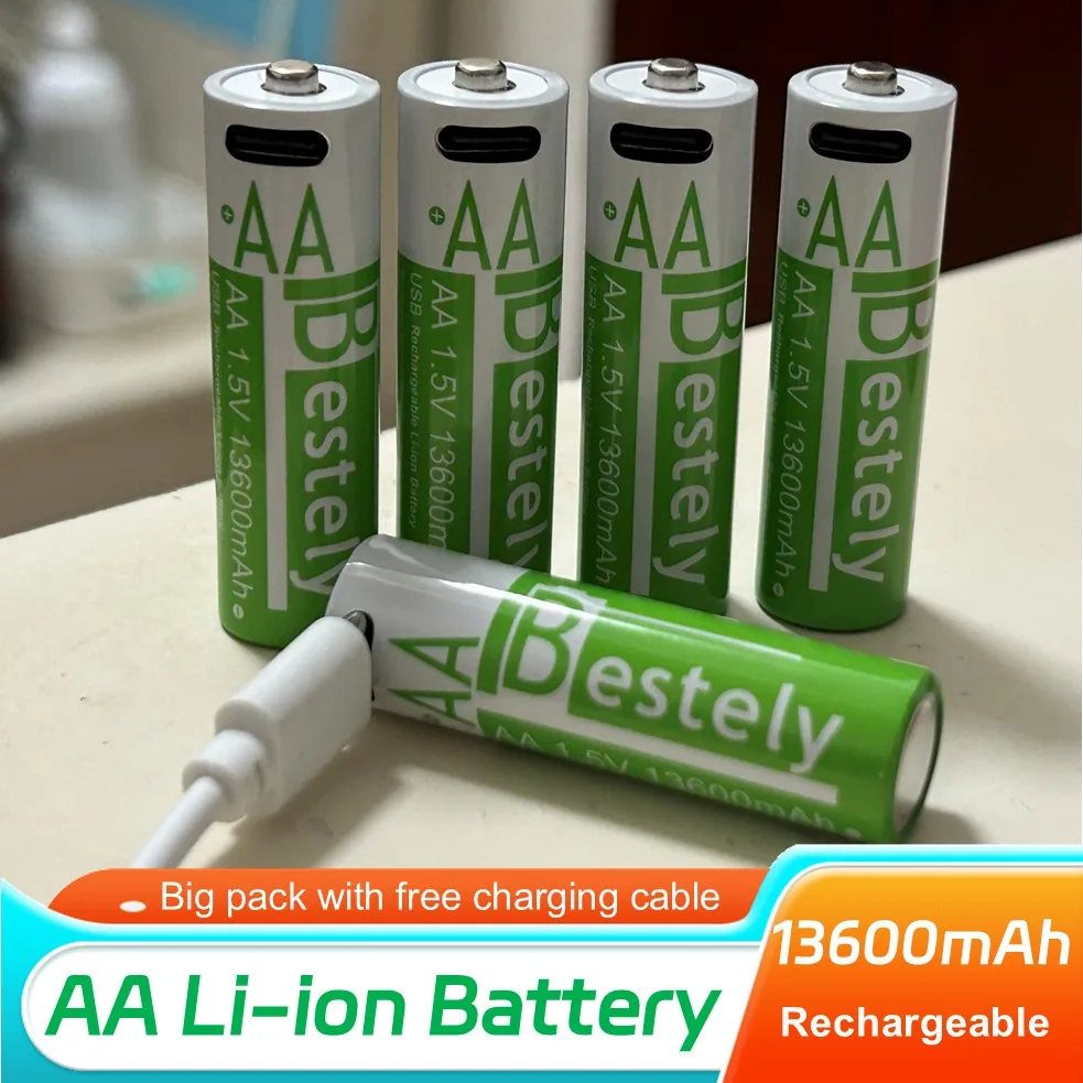 

Big Pack AA Rechargeable Battery Original Lithium Batteries 13600mAh USB-C Fast Charge for Flashlight Camera Doorbell Toy Shaver