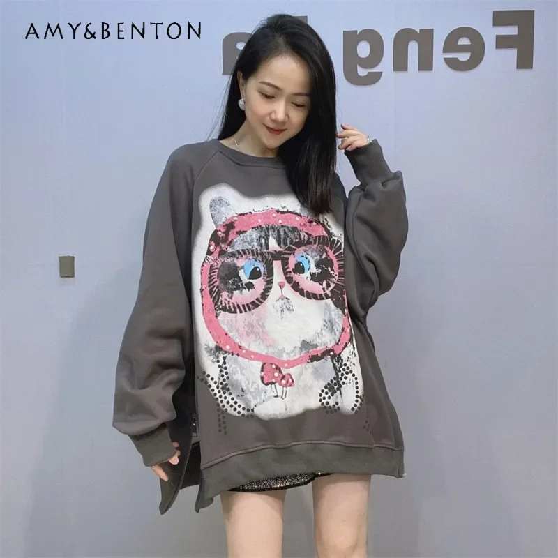 

2024 Autumn Winter New Round Neck Top Pullover Sweatshirt Women's Medium And Long Double-sided Zipper Long-sleeved Black Hoodies
