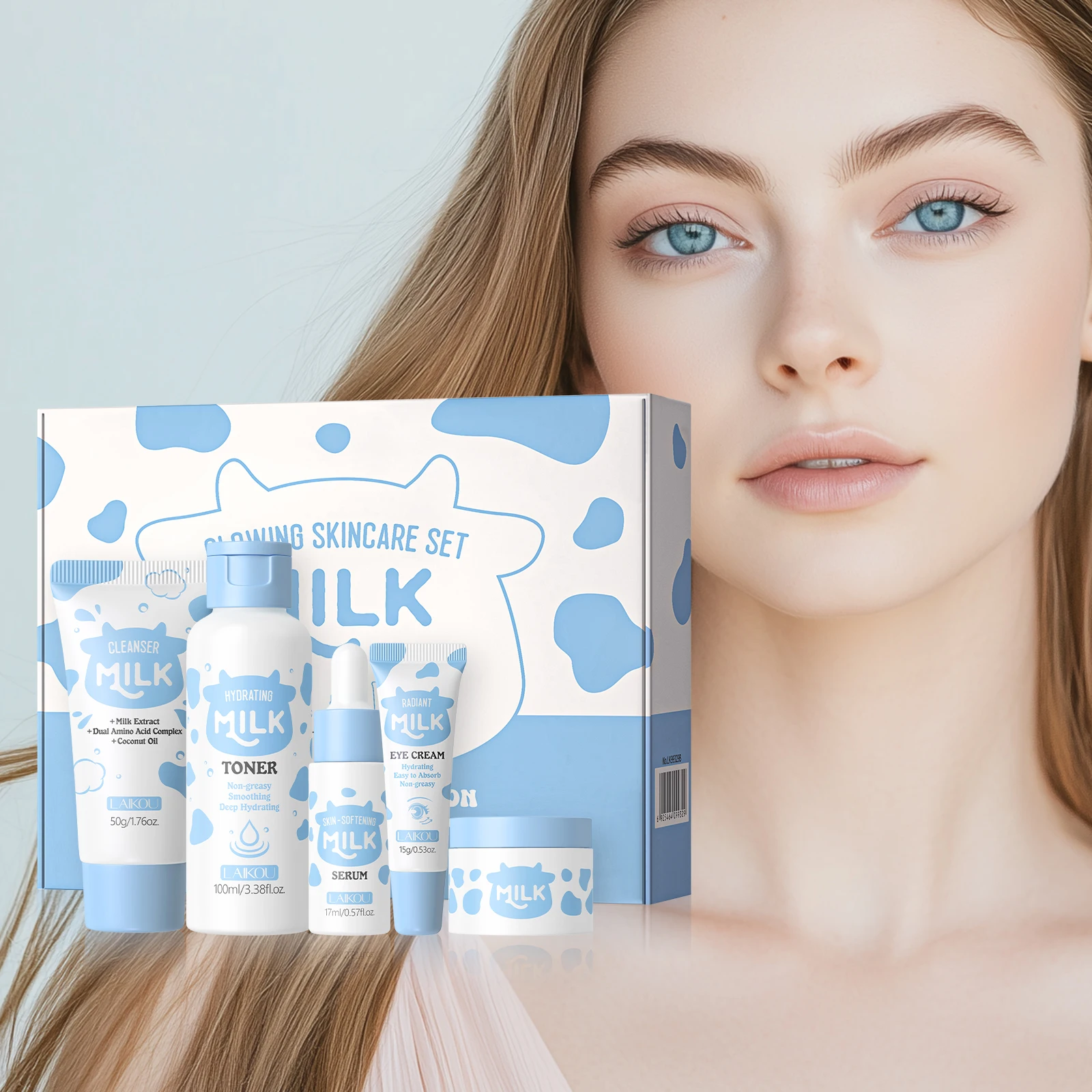 LAIKOU Milk Glowing Skincare Set 5pcs Hydrating Smoothing Improve Texture Reveal Radiance Refine Firmness