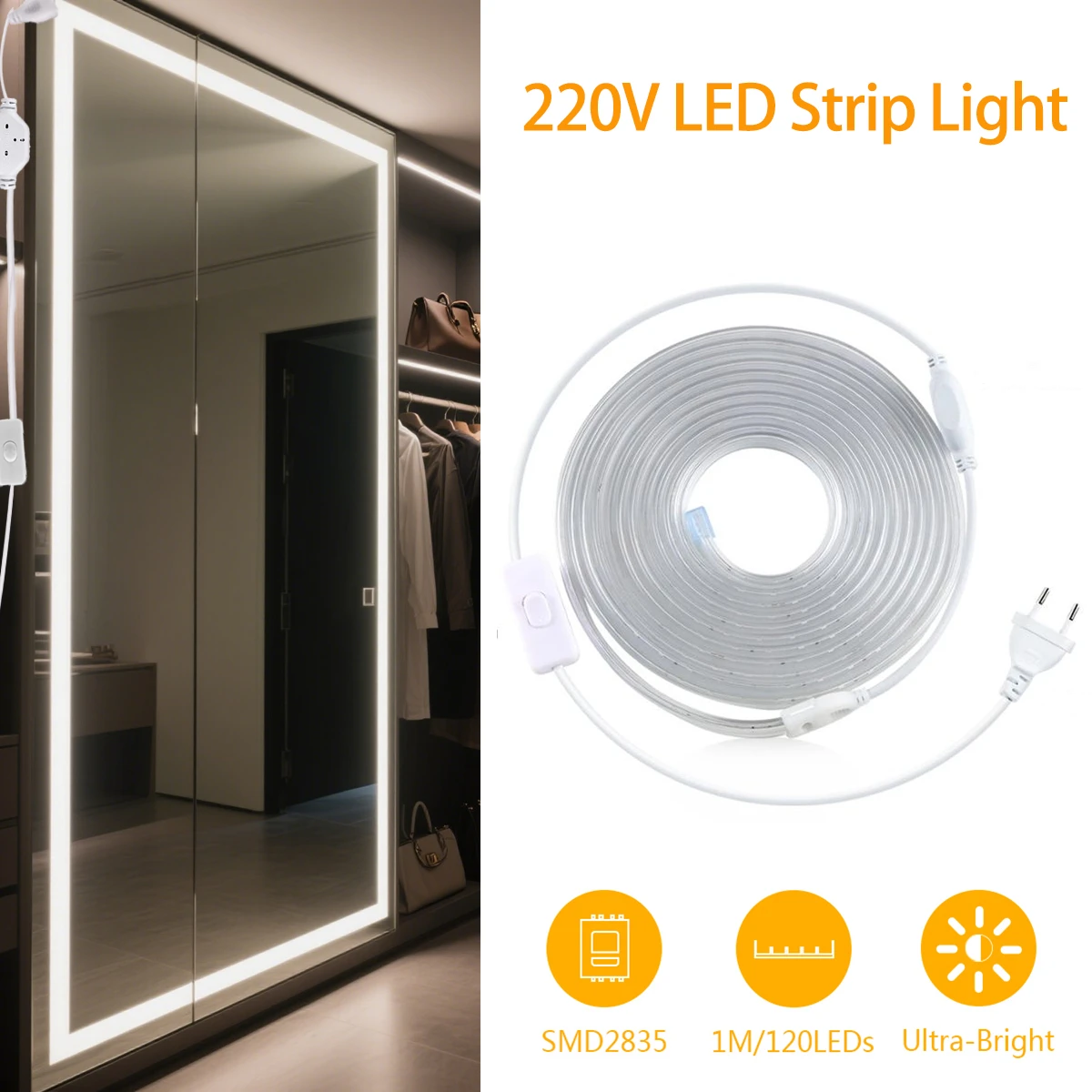 

LED Dressing Mirror Backlight Lamp With 220V Swtich EU Plug 120LEDs/m 1-20m High Brightness Light Strip for Livingroom Wardrobe