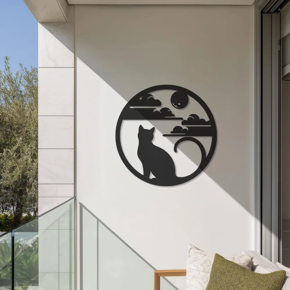 CIFbuy Letrero de pared de metal y hierro, diseño de gato negro, luna, silueta minimalista, nubes, corte láser, decoración moderna para colgar en el balcón, pared del hogar