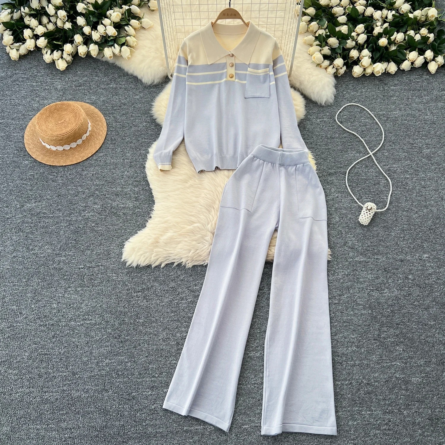 Chic Women Two-Piece Sets Vintage Turn-down Collar Parchwork Knit Top High Waist Wide Leg Pants Fashion Autumn Winter Clothing