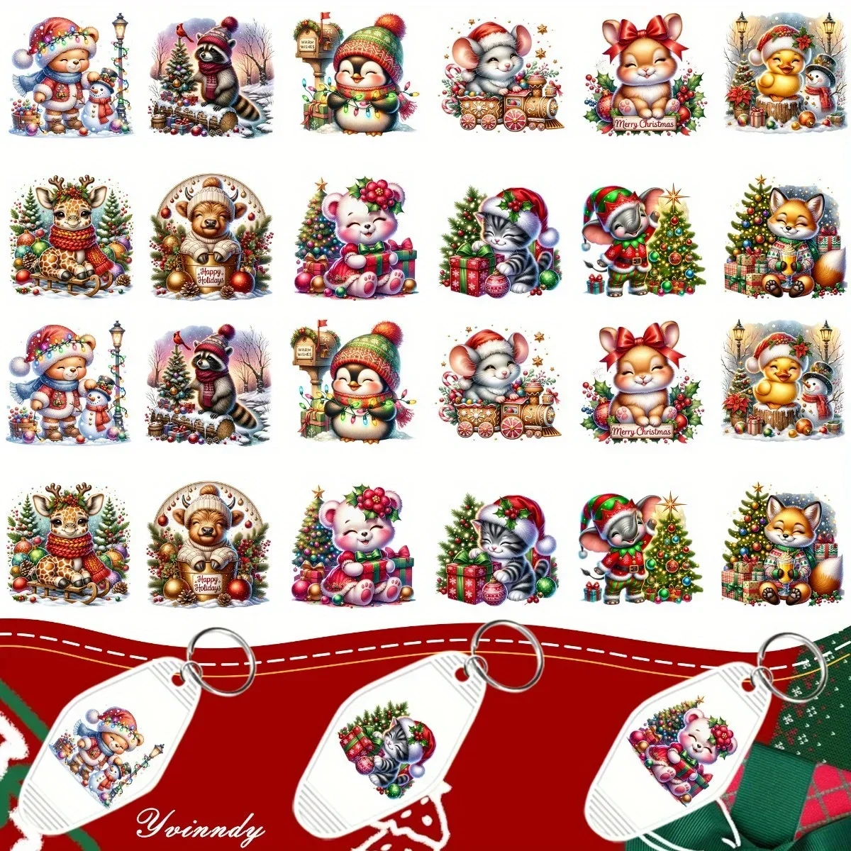 24Pcs/Set UV DTF Animals Celebrate Christmas UV DTF Packaging Transfer Paper Waterproof Keychain Sticker For Hotel Keychains