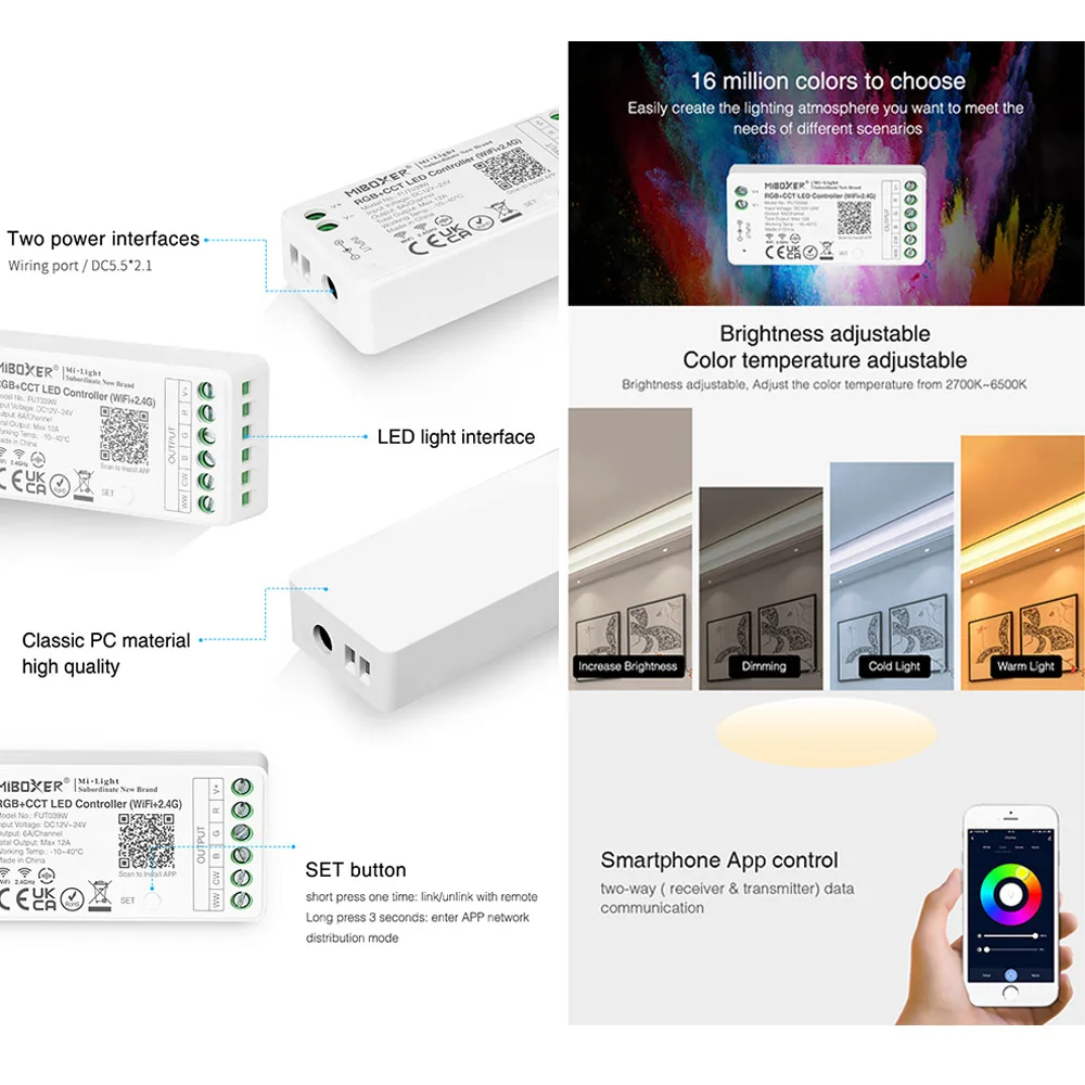 Miboxer 12V 24V 12A Tuya 2.4G WiFi RGB+CCT LED Light Controller DMX Dimmer Bluetooth-compatible 4.2 with DMX 512 LED Transmitter