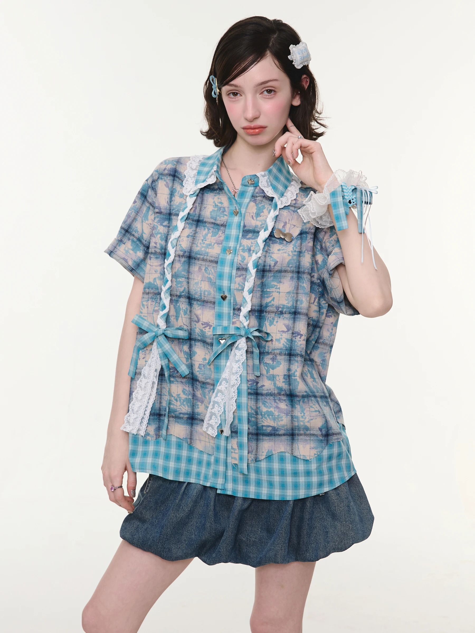 

Tide Summer Design Lace Collar Twist Braid Blue Plaid Splicing ort Sve Women's irt Vintage Sle Loose Fit Knot