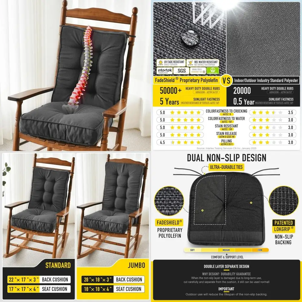 

Non-Slip Memory Foam Rocking Chair Cushion Set, Water-Resistant and Durable, Tufted Seat & Back Pads with Ties, Indoor/Outdoor,