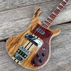 Neck Thru Body 4 String Electric Bass Guitar Adjustable Bridge, Spalted Maple, Checkerboard Binding, Red Tortoise Pickguard