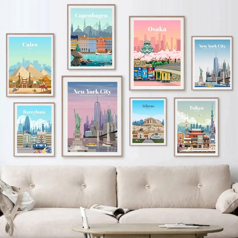 Viagem Cityscape Construção Posters, Nova Iorque, Paris, Berlim, portuguesa, Impressões, Tela, Wall Art, Quadro para Sala de Estar, Decoração de Casa