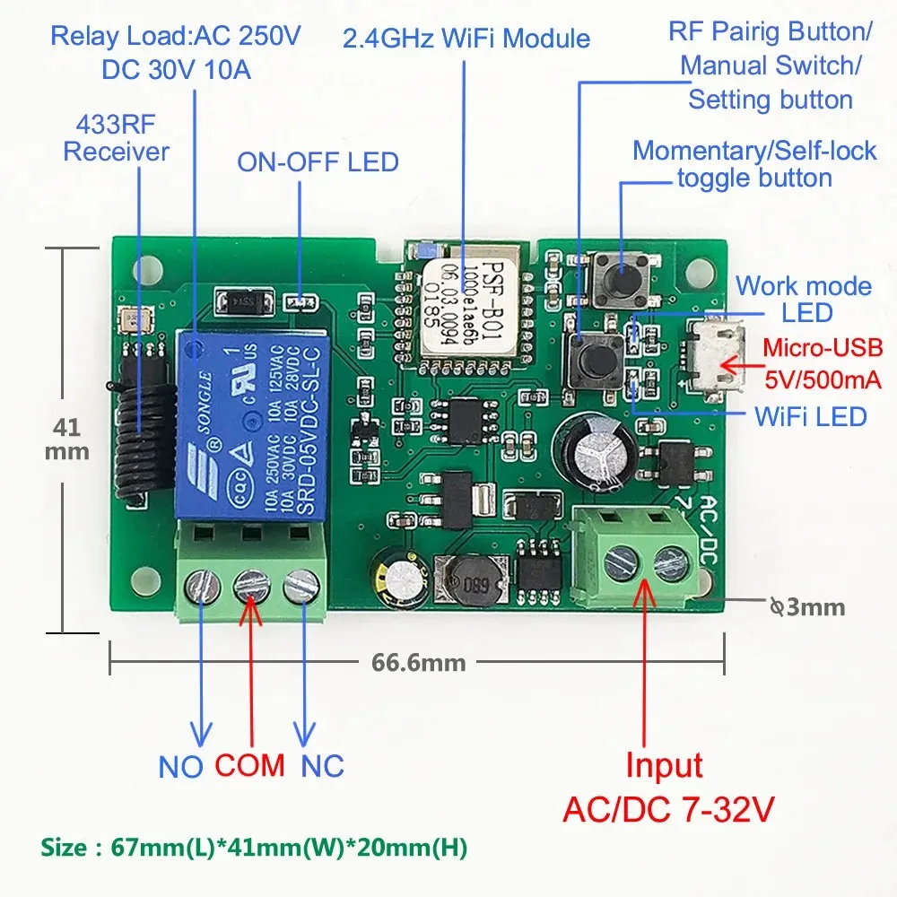 

DC 7-32V USB 5V Ewelink WiFi RF Switch Module Wireless Relay Smart Home Remote Control 1 Channel Alexa Googole Home