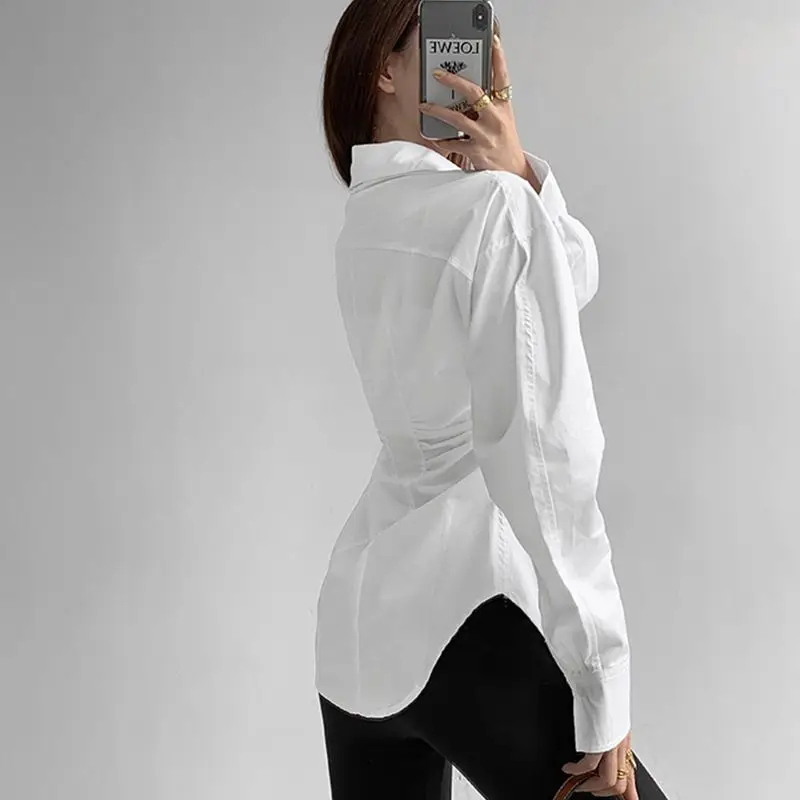 2023 Autumn Winter Women Turn Down Collar Long Sleeve Shirts New In Elegant Lady Slim Waist Cotton Blouse Shirring White Tops