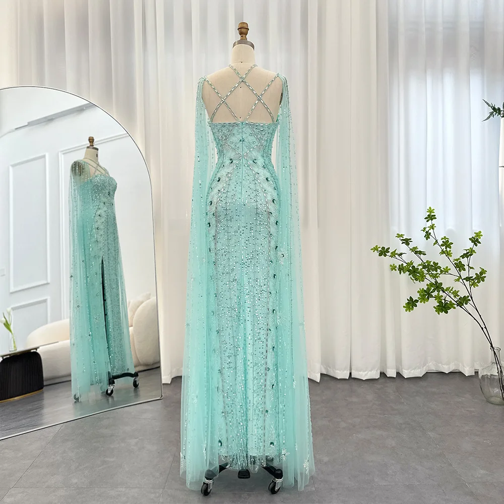 Luxury Heavy Beads Crystal Evening Dress With Cape Sleeves Sexy Criss Cross See-through High Side Slit Prom Dresses فستان سهرة