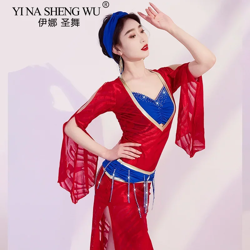 Luksusowy zestaw kostiumów do tańca brzucha z dżetami dla kobiet, personalizowany saree, orientalny taniec, lekki, odpowiedni dla seniorów.