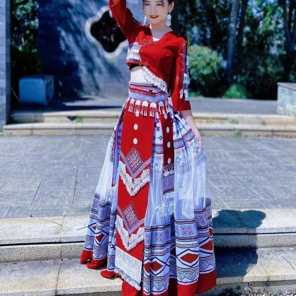 Miao National Dance Costumes Women Elegant Costume Chinese Traditional Classical Dance Dress Performance Costume Three Piece Set