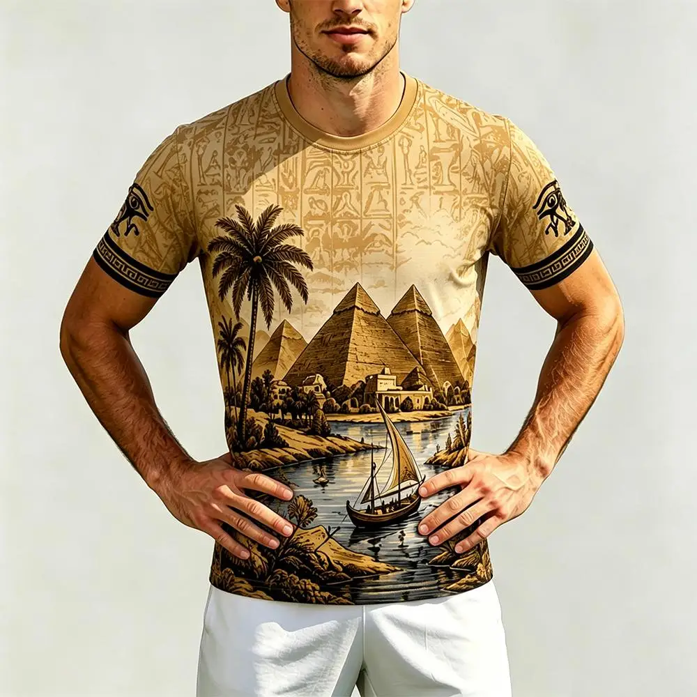Vintage Ancient Egypt Pyramid Hieroglyph Printed T-shirt Outdoor Sports Breathable Quick Dry Football Jersey Unisex Casual Top