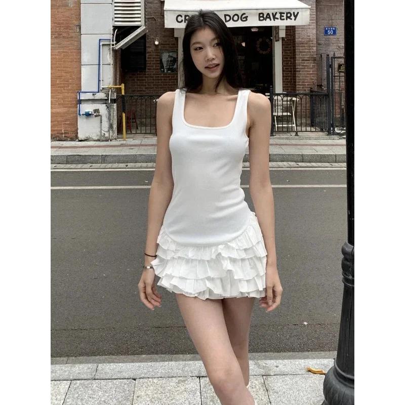 Abito nero dolce camis donna moda estiva volant patchwork streetwear abito tutu sexy mini abiti senza maniche sottili femminili