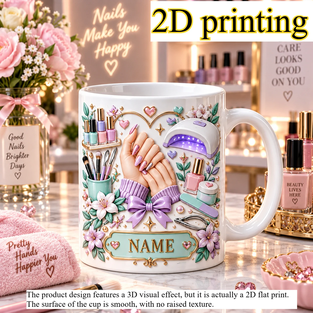 Custom Name Nail Artist Coffee Mug 2D Printing 11oz Ceramic Cup UV Lamp Flower Design Gift for Nail Tech Salon Birthday Christma