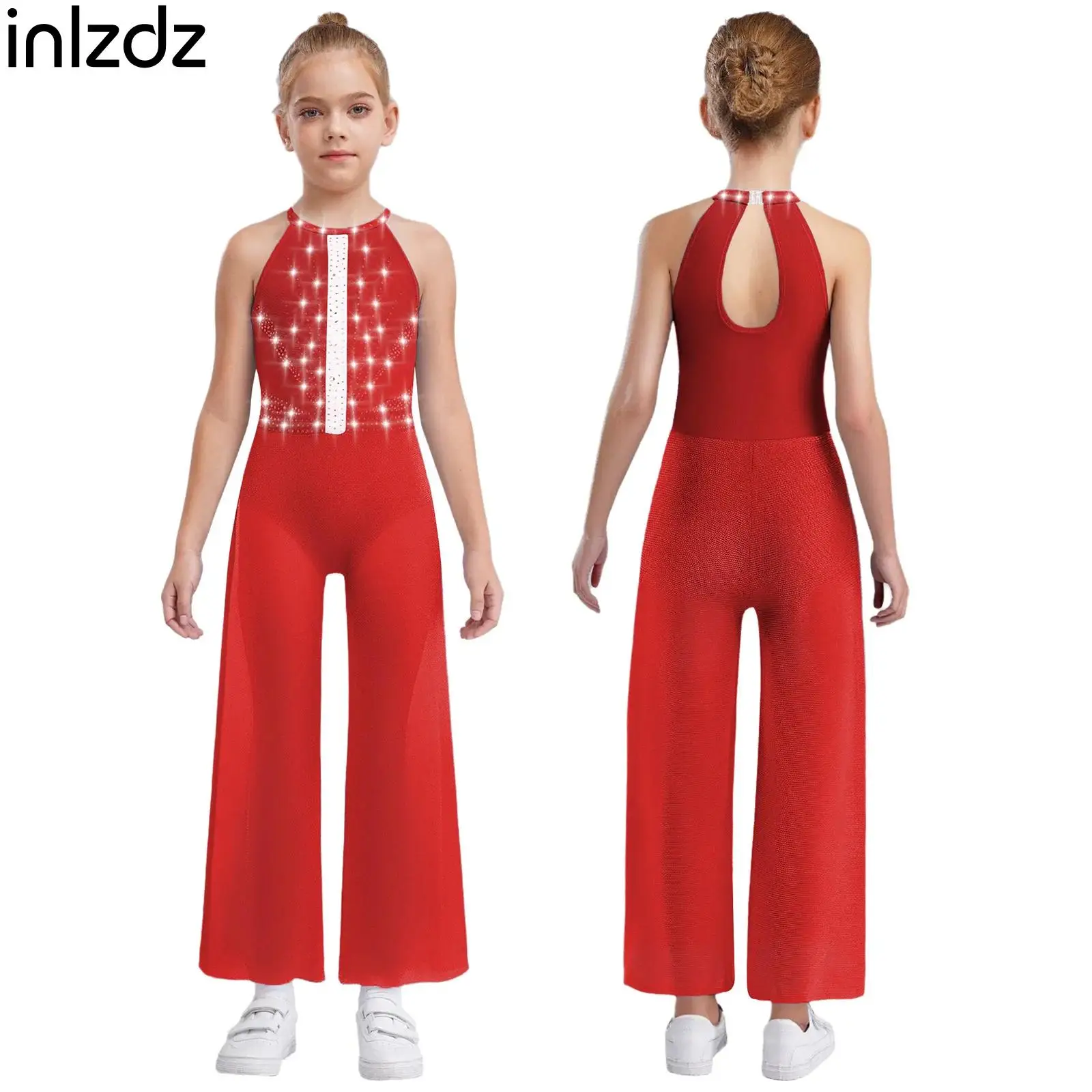 

Kids Girls Ballet Gymnastics Leotard Rhinestones Shimmery Bodysuit Sleeveless Sides Split Wide-Leg Jumpsuit with Built-in Briefs