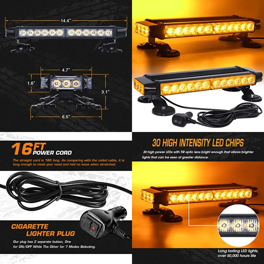 

Roof Top LED Strobe Light Bar -Double Side Amber 30 LED Emergency Hazard Safety Warning Flashing Beacon Lighting Bar with Magne