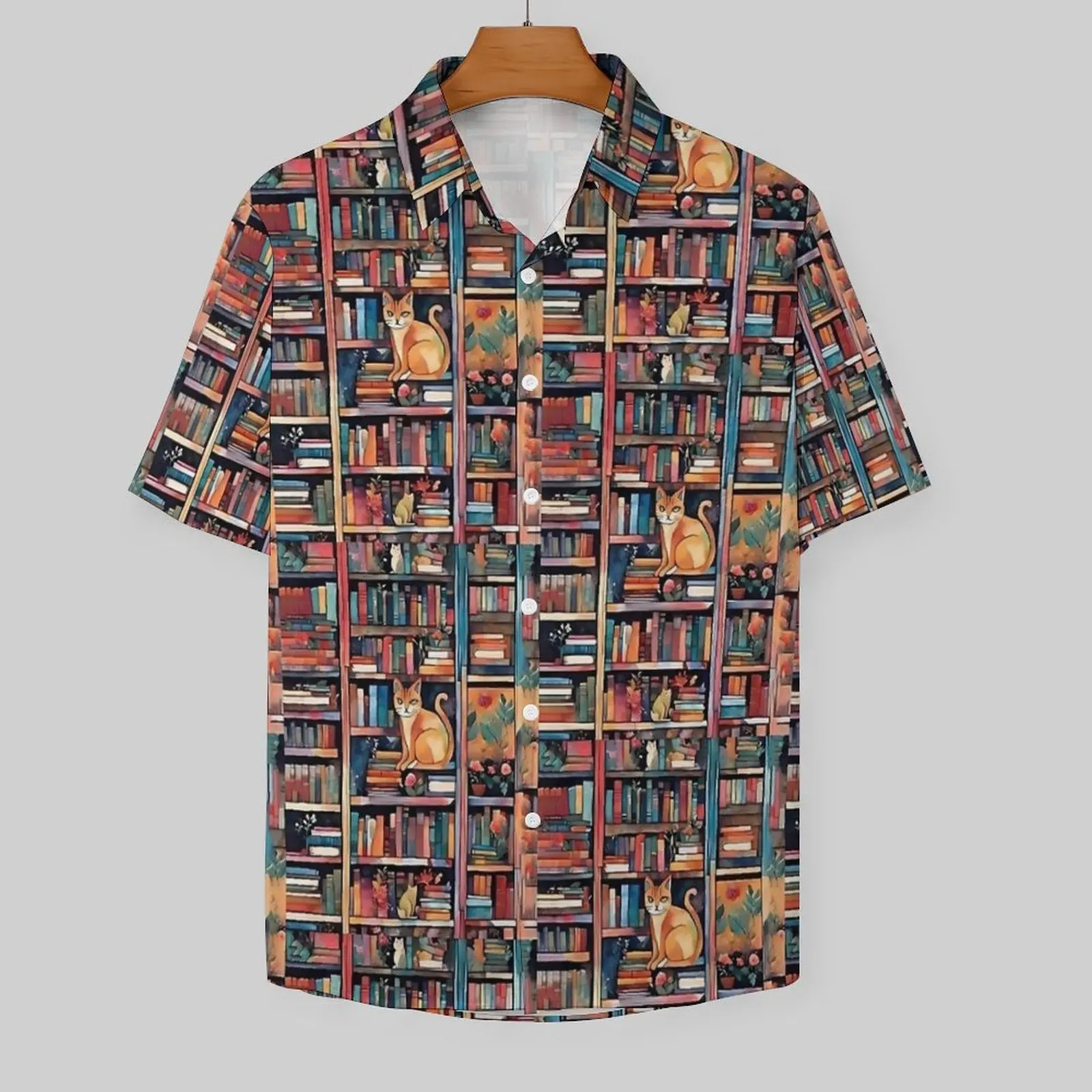 Colorful Library Cat Casual Shirt  Elegant Hawaiian Shirts Man Short Sleeve Beach Harajuku Custom DIY Plus Size 4XL Blouses