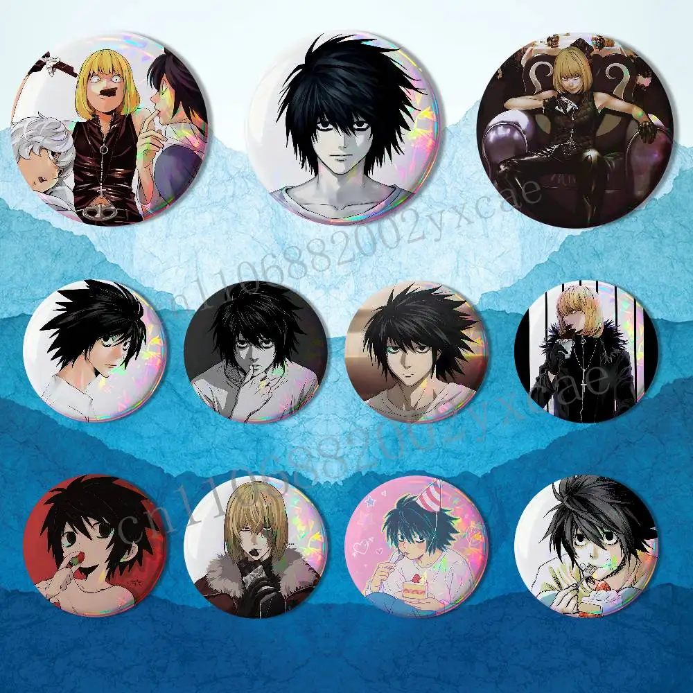 Impulse Mello Death Note insane L Lawliet Insignias redondas reflectantes láser, pines, adornos para bolsas y ropa, coleccionables, regalos