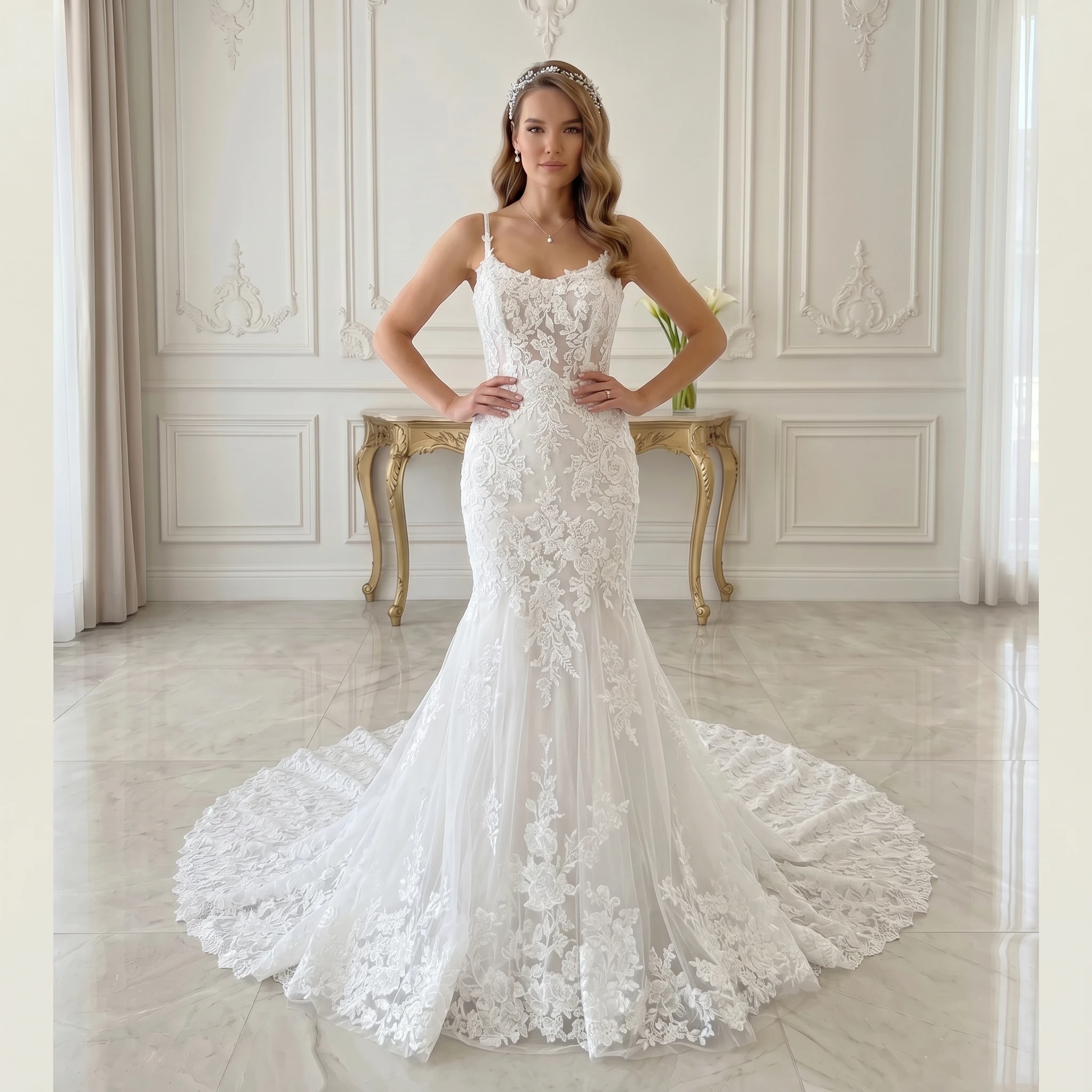 Spaghetti Straps Mermaid Wedding Dress 3D Floral Lace Illusion Bodice Corset Back Bridal Gown With Scalloped Long Train
