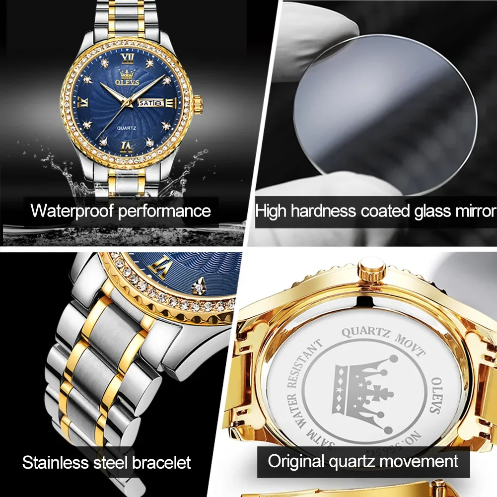 OLEVS 5565 Stainless Steel Strap Quartz Men Wristwatches Golden Diamond-encrusted Luxury Business Waterproof Watches for Men