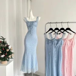 French Blue Vintage Elegant Midi Dress Women Lace Y2k Design Bodycon Mermaid Dress Female Sleeveless Korean Fashion Chic Clothes