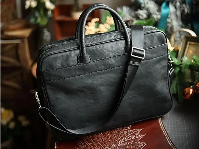 Soft Black Genuine Leather Men\'s Handbags Portable Briefcase High-Grade Business Casual File Bag Designer Commuter Computer Bags